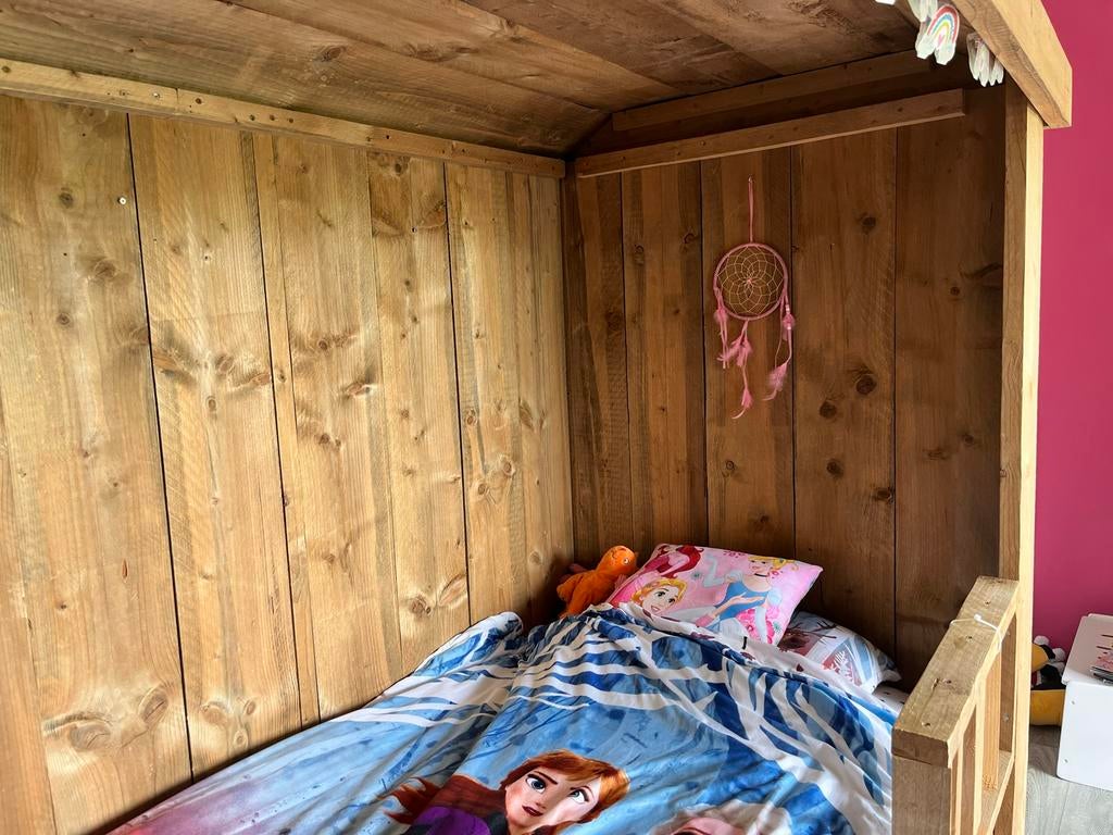 Steigerhouten kinderbed met dak - 90x200 matras, Ophalen, Gebruikt, 100 cm of meer, Lattenbodem