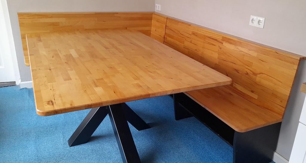 Degelijke eethoek met hoekbank, Ophalen, Gebruikt, Handgemaakt, 6 tot 8 stoelen