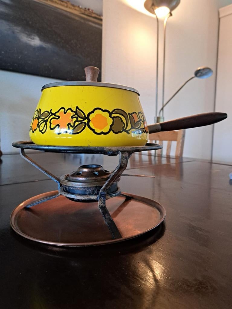 Vintage Fondueset Geel met Bloemenpatroon, Witgoed en Apparatuur, Fonduesets, Ophalen, Gebruikt, Brander, Fondueset