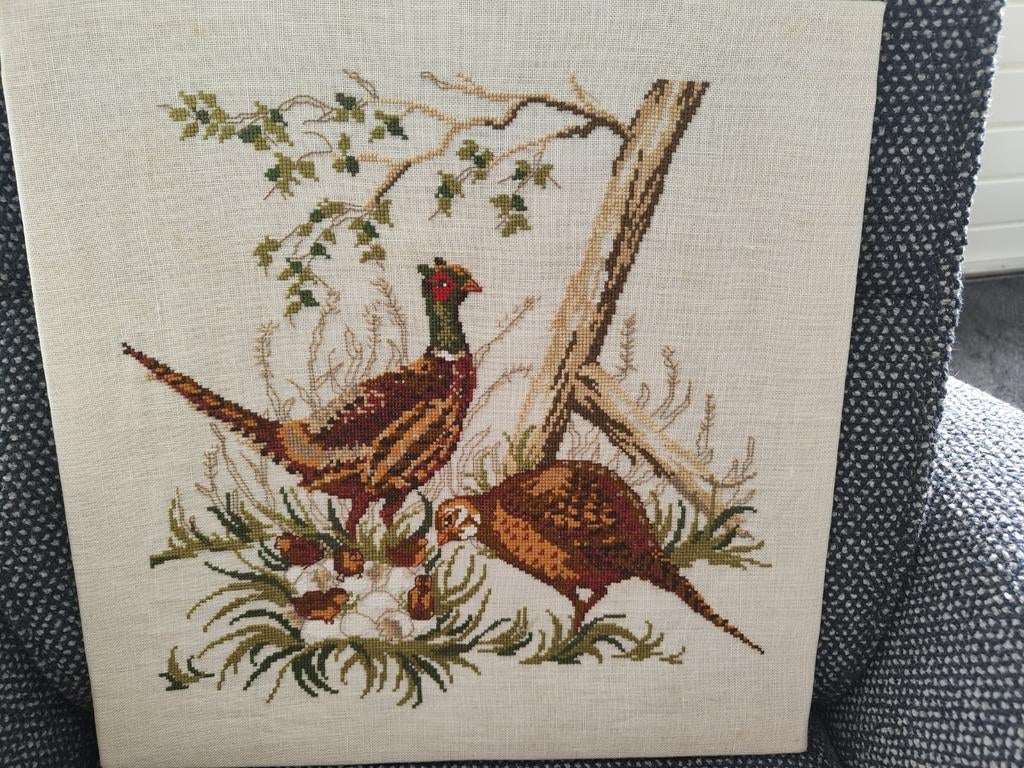 Geborduurd fazanten haan , hen met kuikens afm 39/39 cm, Ophalen of Verzenden, Overige typen