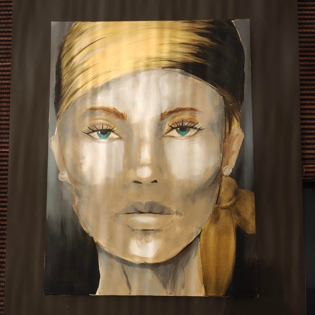 Modern schilderij 60x80 – goud portret vrouw, Ophalen of Verzenden