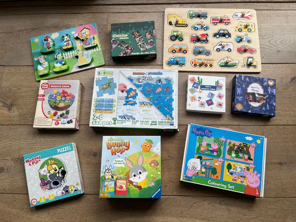 Collectie spelletjes en puzzels (10 stuks), Kinderen en Baby's, 2 tot 4 jaar, Gebruikt, Van hout, Meer dan 50 stukjes