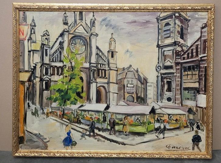 Alexandre DENONNE, markt op het Sint-Katelijneplein, Antiek en Kunst, Kunst | Schilderijen | Klassiek, Ophalen of Verzenden
