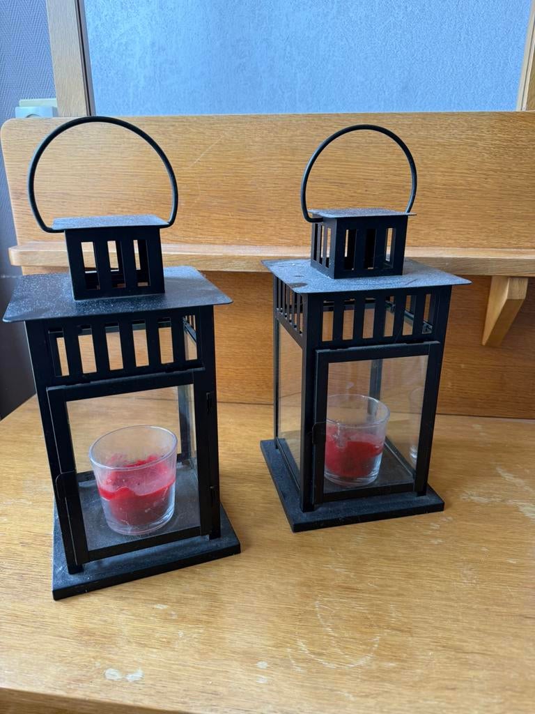 Metalen lantaarn, zwart, glas, ophangen of neerzetten, twee, Huis en Inrichting, Lampen | Hanglampen, Ophalen, Zo goed als nieuw