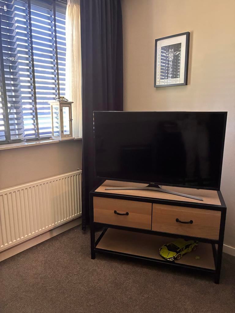 Industrieel grey wash tv meubel met lades en open vak, Eikenhout, Zo goed als nieuw, Minder dan 100 cm, Industrieel