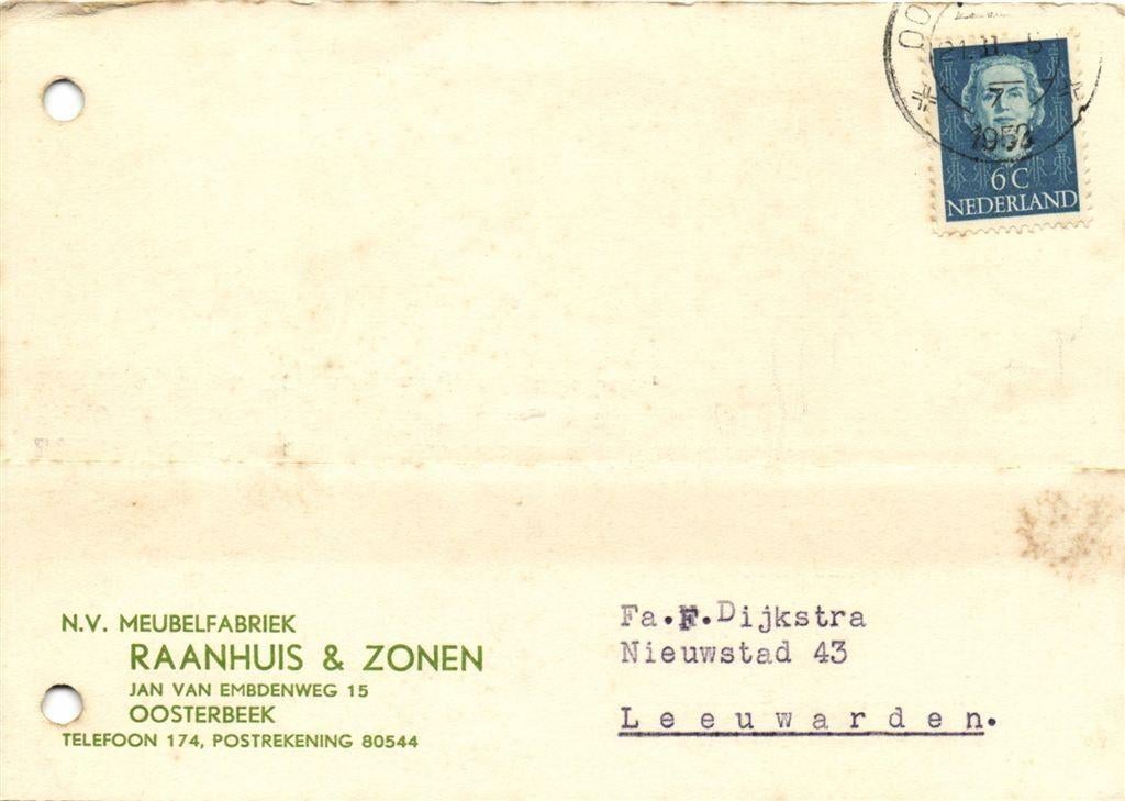 NV Meubelfabriek Raanhuis + Zonen, Oosterbeek - 02.1952 - br, Ophalen of Verzenden, Briefkaart