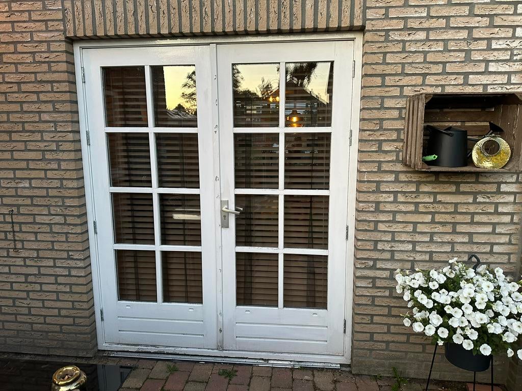 Houten openslaande tuindeuren (dubbel glas) zonder kozijn, Doe-het-zelf en Verbouw, Deuren en Horren, Ophalen, Gebruikt, Buitendeur