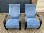Set van 2 blauwe fauteuils met houten armleuningen, Huis en Inrichting, Gebruikt, Twee, Blauw, Ophalen of Verzenden