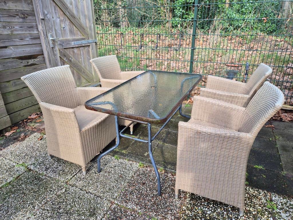 Tuinset met 4 wicker stoelen en glazen tafel, 4 zitplaatsen, Gebruikt, Ophalen of Verzenden, Wicker