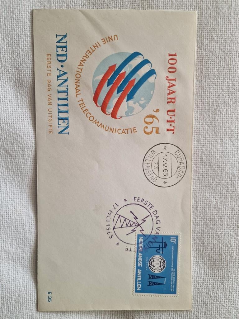 FDC E35 Ned. Antillen 1965 - 100 jaar ITU - Willemstad, Postzegels en Munten, Postzegels | Eerstedagenveloppen, Ophalen of Verzenden