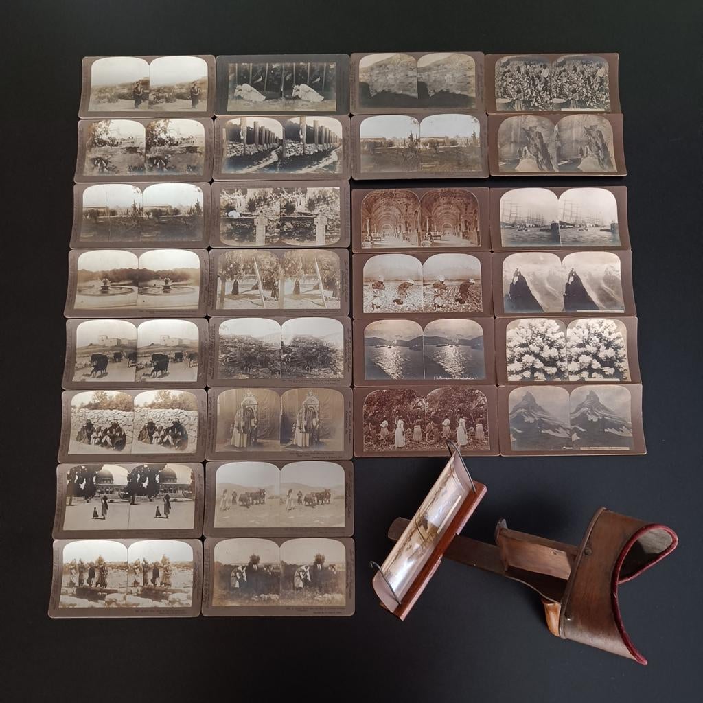 Antieke Stereoscoop met 29 stereokaarten., Verzamelen, Fotografica en Filmapparatuur, Ophalen of Verzenden, Voor 1940, Overige typen