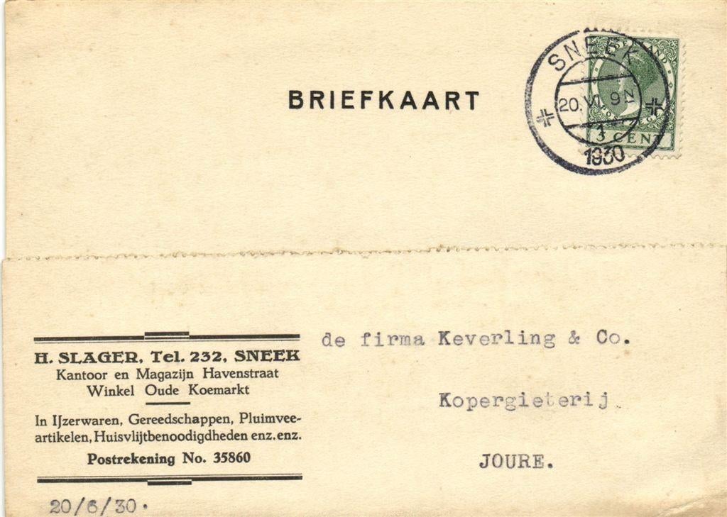 H. Slager, Sneek - 06.1930 - briefkaart, Ophalen of Verzenden, Briefkaart