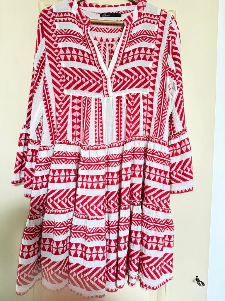 Devotion jurk rood wit patroon maat S, Ophalen of Verzenden, Maat 36 (S), Gedragen, Boven de knie