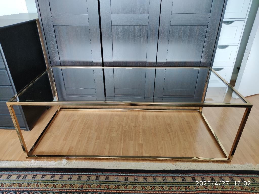 Salontafel met glazen tafelblad en gouden frame, Ophalen, 100 tot 150 cm, 50 tot 100 cm, Zo goed als nieuw
