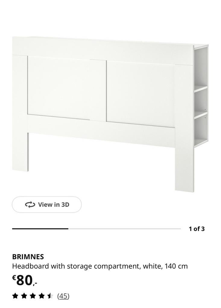 Ikea Brimnes Hoofdeinde met bergruimte 140cm, Huis en Inrichting, Slaapkamer | Bedden, Ophalen, Wit, Tweepersoons, 140 cm