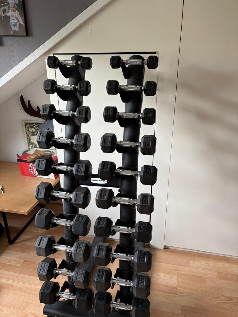 Hex Dumbels set met Dumbel Rack Musclepower, Ophalen, Gebruikt, Rug, Halterset