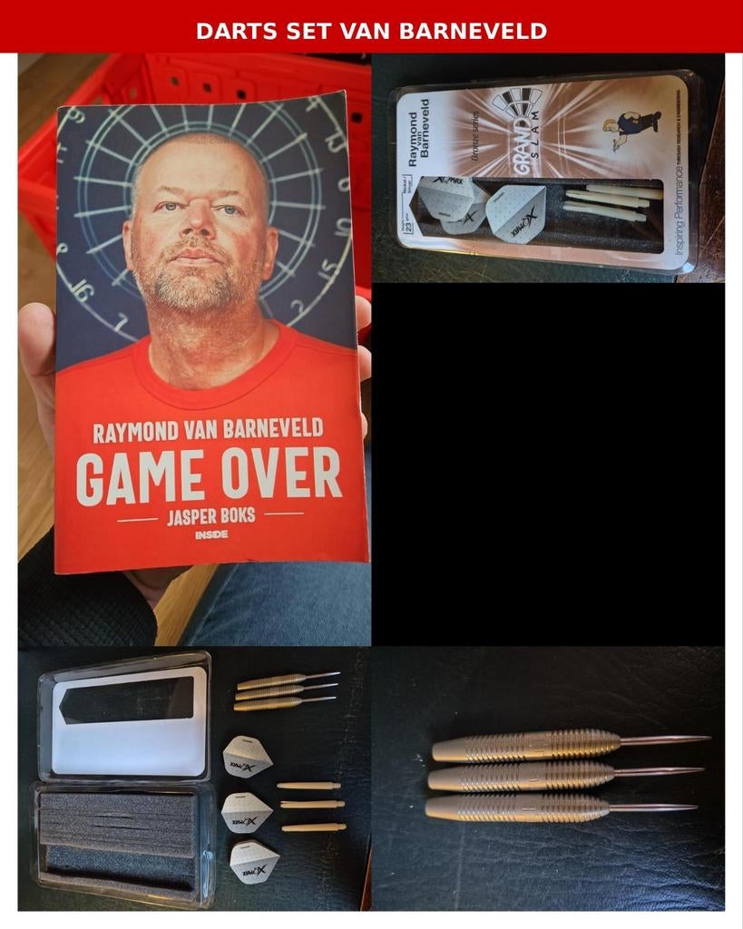 Complete Raymond van Barneveld darts set te koop, incl boek, Ophalen of Verzenden, Gebruikt, Pijlen