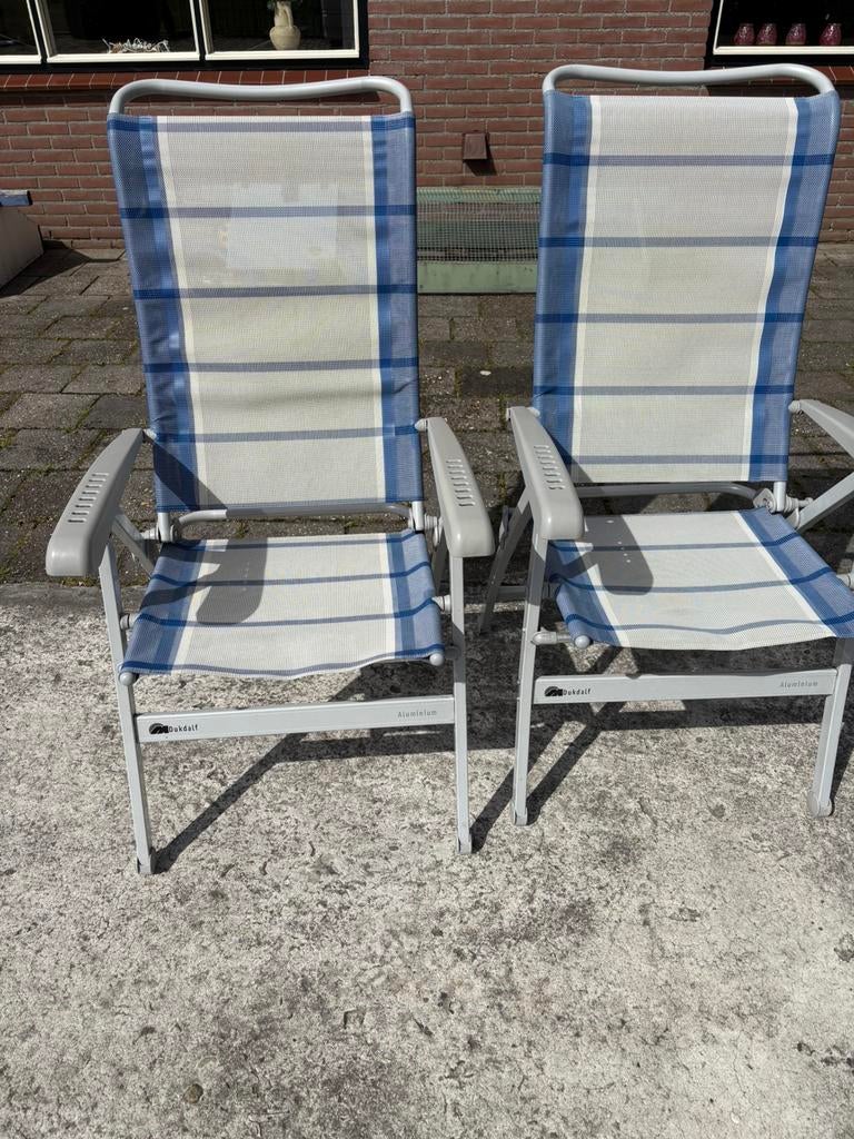 2 Dukdalf stoelen met voetenbankje, Ophalen of Verzenden, Gebruikt, Campingstoel