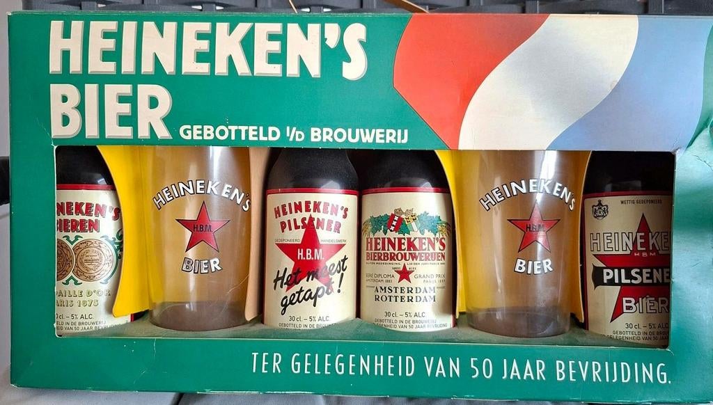 Heineken bierpakket ter gelegenheid van 50 jaar bevrijding., Verzamelen, Biermerken, Ophalen, Heineken