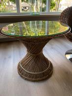 Vintage bohemian rieten salontafel/bijzettafel met glas, Huis en Inrichting, Tafels | Salontafels, Ophalen, 50 tot 100 cm, Rond