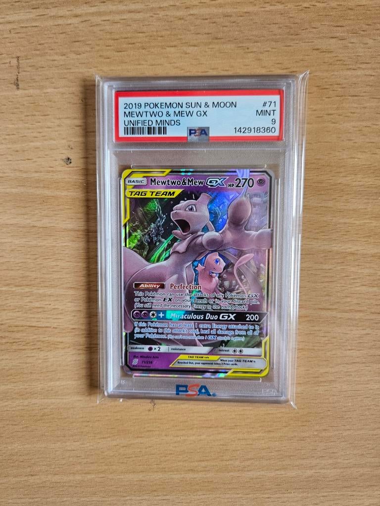 Pokémon Unified Minds Tag Team Mewtwo & Mew GX 71 PSA 9, Ophalen of Verzenden, Zo goed als nieuw