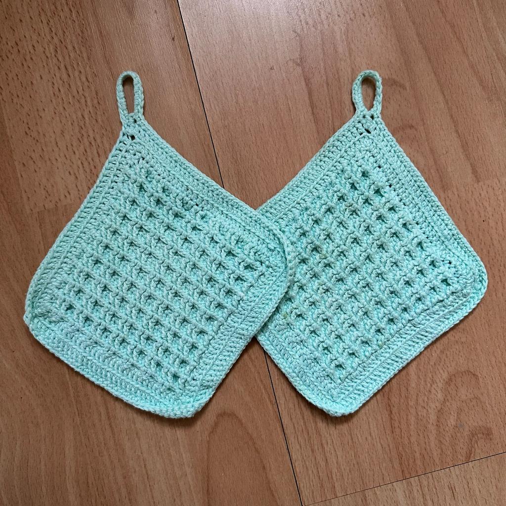 Mint groen pannenlappen, gehaakt, Huis en Inrichting, Keuken | Textiel, Ophalen of Verzenden, Zo goed als nieuw, Groen