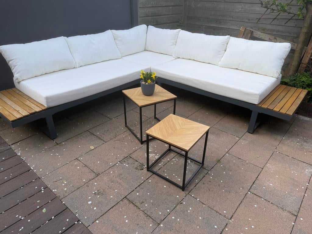 Moderne hoek loungeset met houten accenten, 5 zitplaatsen, Ophalen of Verzenden, Zo goed als nieuw, Loungeset