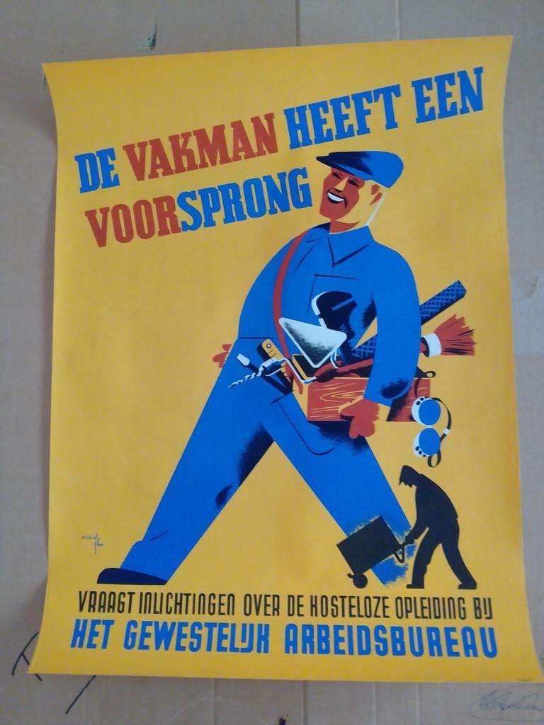Vintage poster 'De Vakman Heeft Een Voorsprong', Verzamelen, Posters, Rechthoekig Staand, Ophalen of Verzenden, Zo goed als nieuw