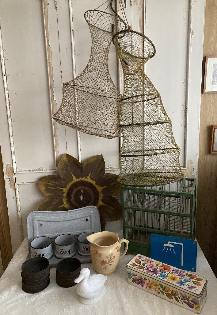 Brocante visnetten - metalen zonnebloem - vogelkooitjes, Ophalen of Verzenden