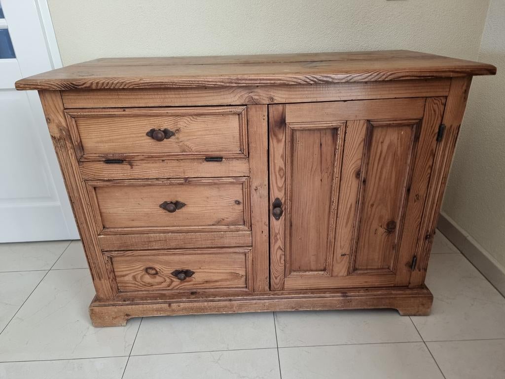 Oud grenen kastje met deur en 2 lades, Ophalen, Gebruikt, 50 tot 100 cm, Minder dan 100 cm