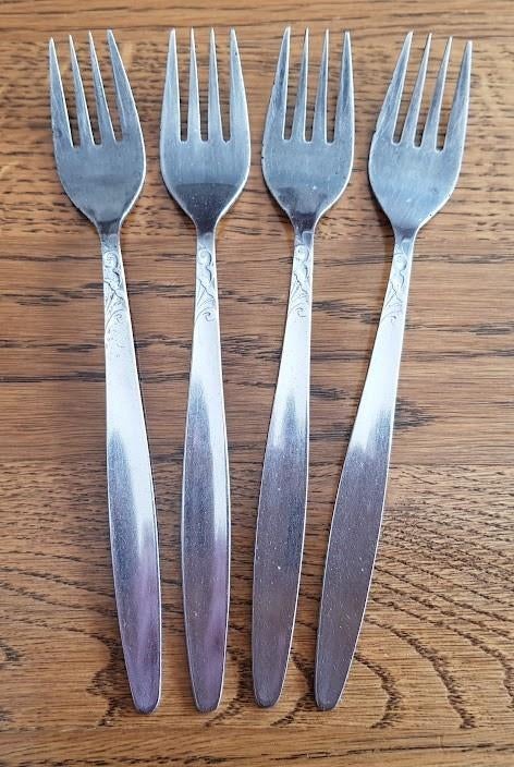 4 Vorken met motiefje, Ophalen of Verzenden, Gebruikt, Rvs of Chroom, Los bestek