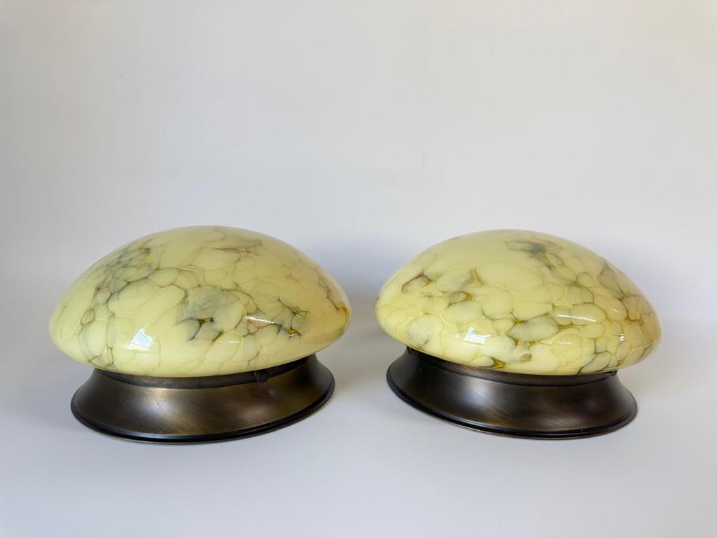 Retro Gemarmerde Art Deco plafondlamp brons kleur armatuur, Ophalen of Verzenden, Zo goed als nieuw, Glas, Art Deco