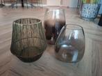 Set van 3 windlichten/vazen smoke glas en goud metaal, Ophalen, Minder dan 50 cm, Groen, Glas