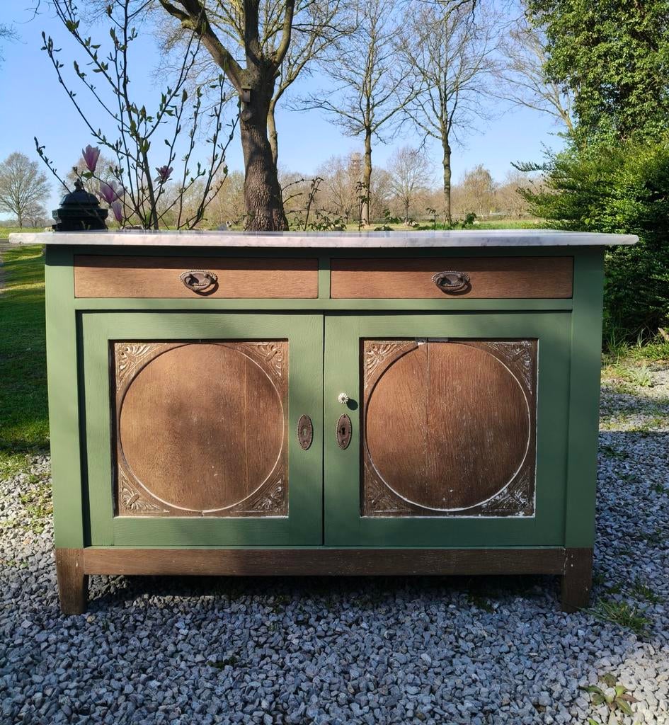 Brocante commode dressoir met marmeren blad., Ophalen, Gebruikt, 25 tot 50 cm, 100 tot 150 cm