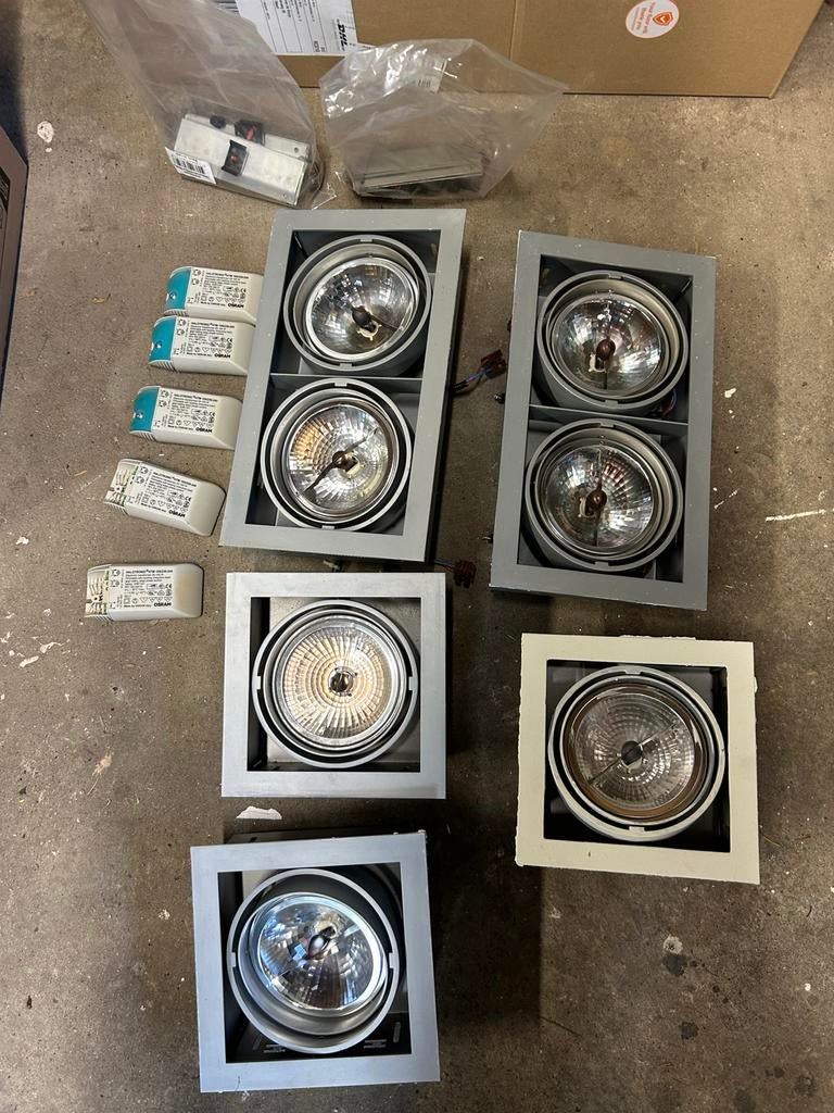 Kardan Led Spots: 2 Dubbele, 3 Enkele (1 beschilderd), Gebruikt, Metaal of Aluminium, Ophalen of Verzenden, Led