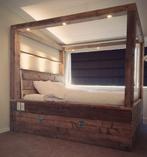 Hemelbed + elektra-verlichting-opberglade, Huis en Inrichting, Slaapkamer | Bedden, Ophalen, Steigerhout, Tweepersoons, Zo goed als nieuw
