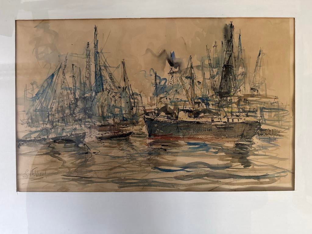 Ad Selhorst (1916-1987) - Originele aquarel havengezicht, Antiek en Kunst, Ophalen