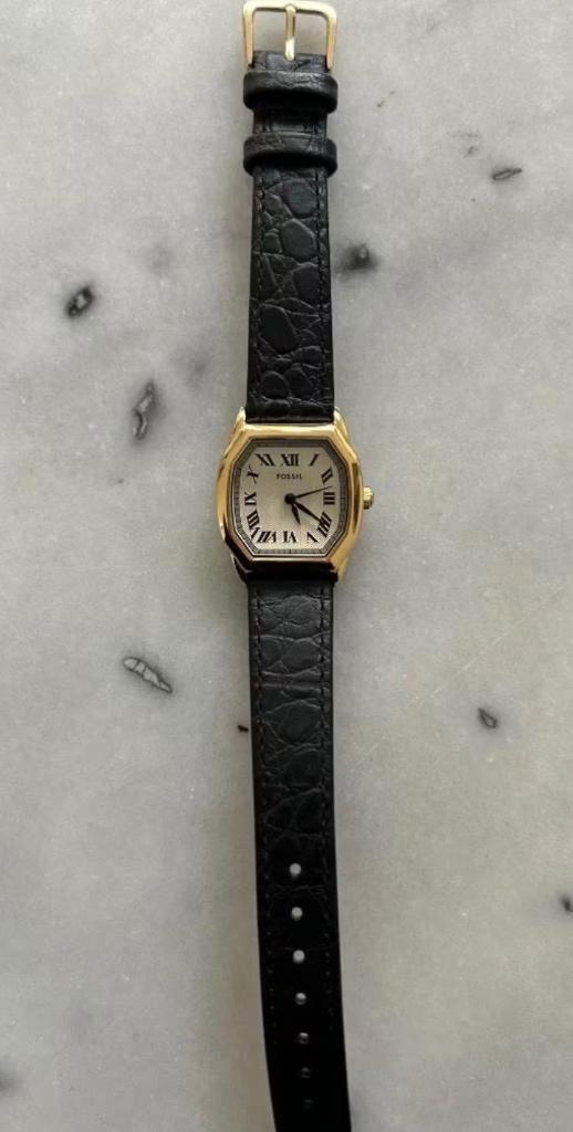 Fossil Harlow Nieuw dameshorloge goud met zwart leren bandje, Leer, Staal, Fossil, Polshorloge