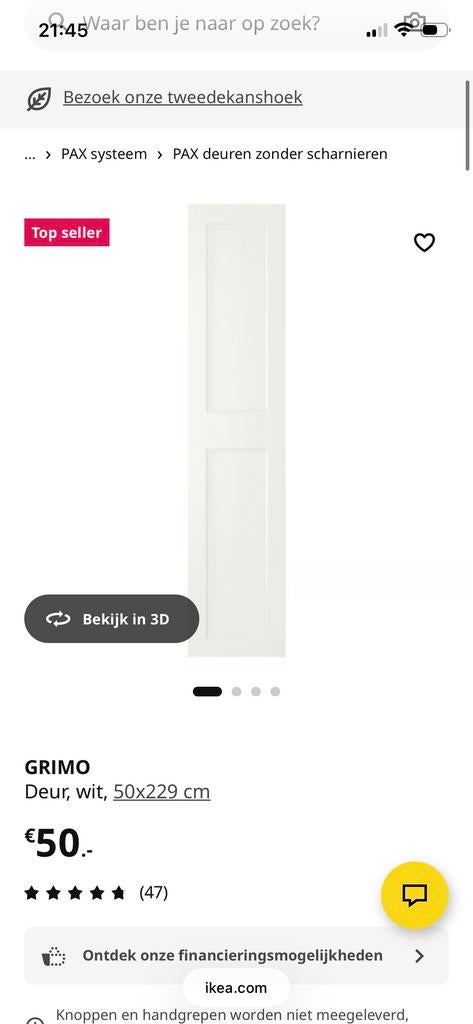 Witte IKEA Pax kastdeur Grimo, Ophalen, Minder dan 50 cm, Gebruikt, 200 cm of meer