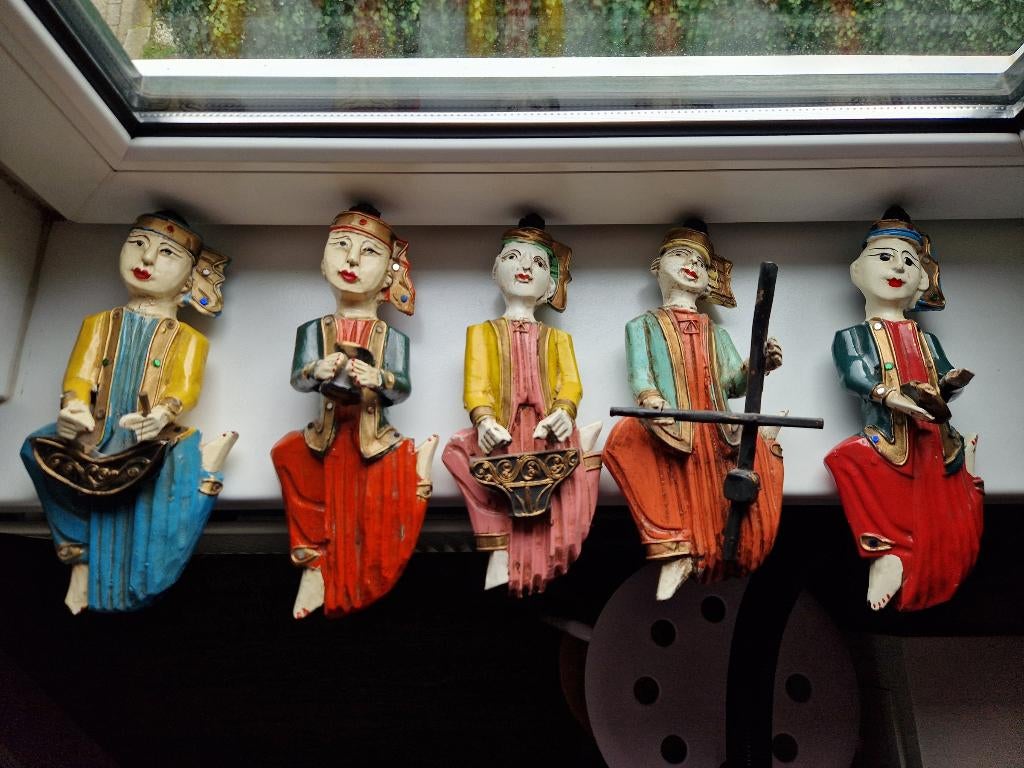 5 Originele houten kleurrijke Thaise priesters (28cm hoog)., Ophalen of Verzenden