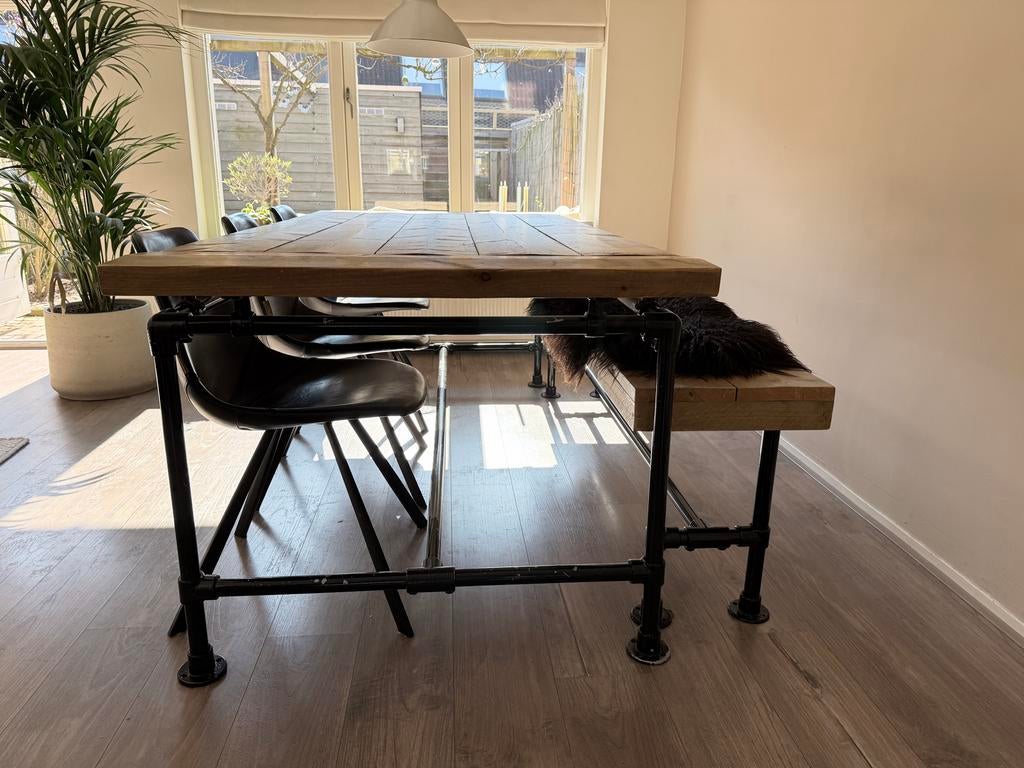 Jorg steigerhouten tafel en bankje - geïmpregneerd, Ophalen, Gebruikt, 100 tot 150 cm, 200 cm of meer