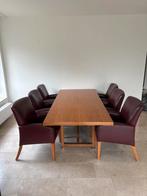Massief Houten Eettafel met 6 Leren Stoelen, Ophalen, Gebruikt, 6 tot 8 stoelen