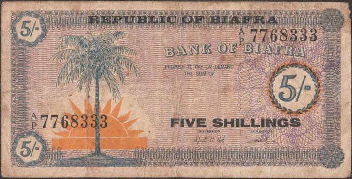 Biafra 5 shillings ND(1968) gebruikt p.1 (nr 56), Postzegels en Munten, Bankbiljetten | Afrika, Los biljet, Overige landen, Verzenden
