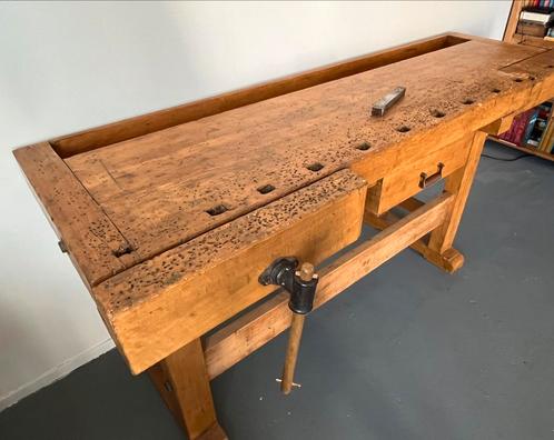 Grote oude houten zware werkbank 2 bankschroeven timmermans, Doe-het-zelf en Verbouw, Werkbanken, Gebruikt, 170 cm of meer, Ophalen