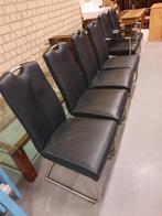 6 eetkamerstoelen met zwart kunsleren bekleding en rvs frame, Huis en Inrichting, Stoelen, Ophalen, Gebruikt, Zwart, Metaal