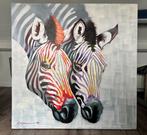 Schilderij canvas 120x120 met 2 giraffen met schilder spots, Antiek en Kunst, Ophalen