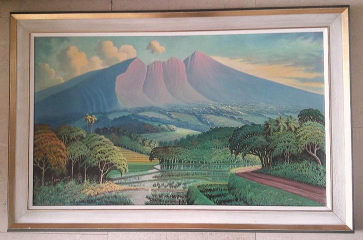 Aziatisch landschap met vulkaan 1950 - gesigneerd, Antiek en Kunst, Kunst | Schilderijen | Klassiek, Ophalen of Verzenden