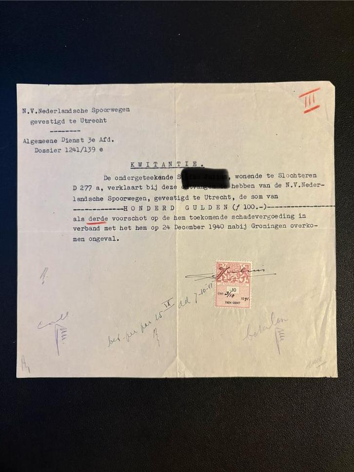 Kwitantie schadevergoeding na spoorwegongeluk NS (1941), Verzamelen, Spoorwegen en Tramwegen, Gebruikt, Trein, Ophalen of Verzenden