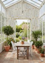 14172 vintage vinyl behang jute-look beige blauw bruin swiet, Huis en Inrichting, Stoffering | Behang, Verzenden, Bruin