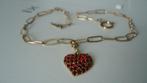 goud vergulde ketting met hart hanger rode steentjes, Overige materialen, Verstelbaar, Verzenden, Zo goed als nieuw
